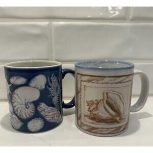 Vtg Otagiri Japan 70 Blue Ceramic Mugs Coffee Cups with Seashells - Set of 2